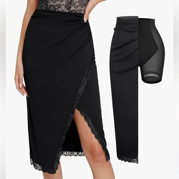 NWT Popilush Midi Skirts Lace Shapewear Split Satin High Waisted Bodycon Medium - Picture 1 of 9